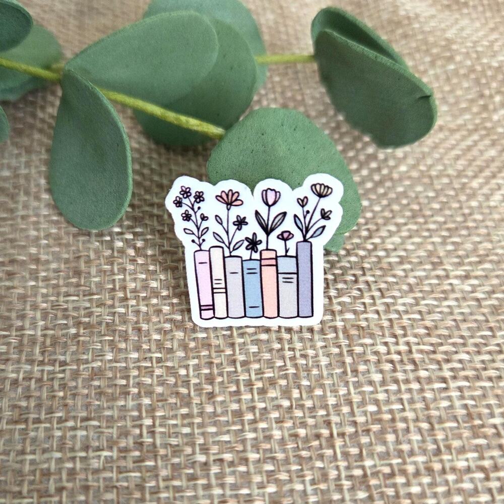 Floral Books Sticker, Botanical Wildflower Vinyl Decal, Water Bottle Art
